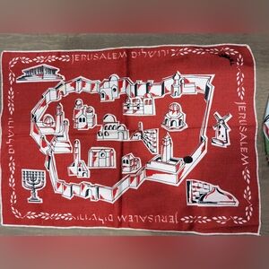 Vintage 1960's. Jerusalem Israel Decorative Tea Towel in Black and Red